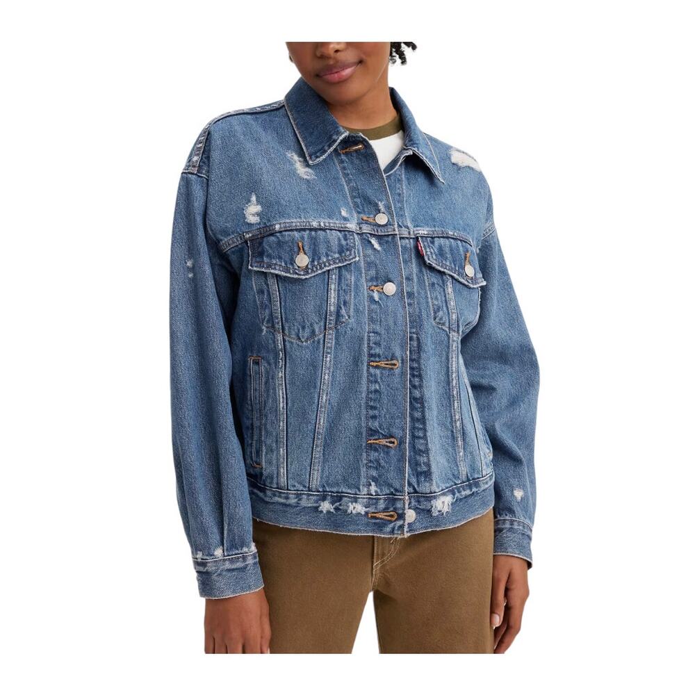 Levis 90s Trucker Jacket Sz S Relaxed Fit Medium Wash Collared Distressed Denim